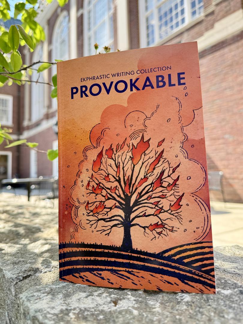 The cover of "Provokable: Ekphrastic Writing Collection," a poetry anthology, propped against a stone ledge outdoors in front of a brick building. The cover features a watercolor illustration of a tree with flames rising from its branches set against an orange and amber sky.